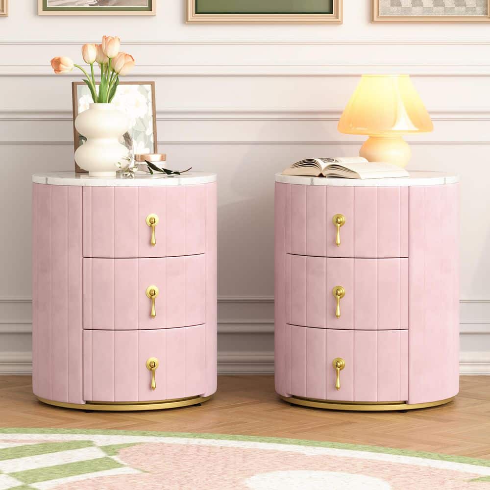 CSC DECOR INC 2 Pack Pink 3 Drawer Round Upholstered Nightstands ...