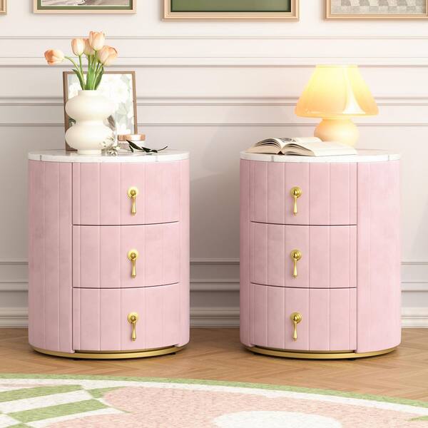 CSC DECOR INC 2 Pack Pink 3 Drawer Round Upholstered Nightstands Marbling Stickers Top Side Table Fully Assembled Except Handles