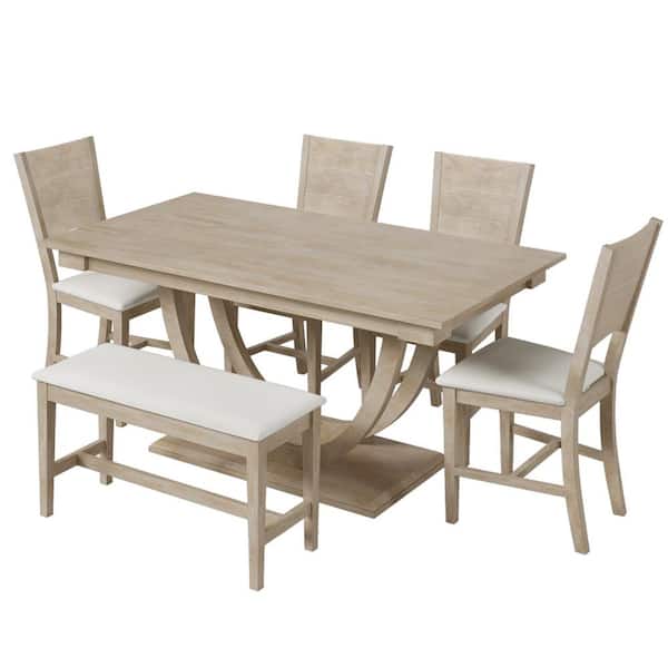 6-Piece Modern Natural Wood Top Dining Room Set Seats 5