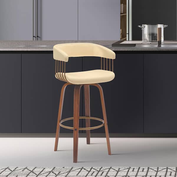 Armen Living Topanga Swivel 26 in. Cream/Walnut and Golden Bronze Wood Counter Stool with Cream Faux Leather Seat