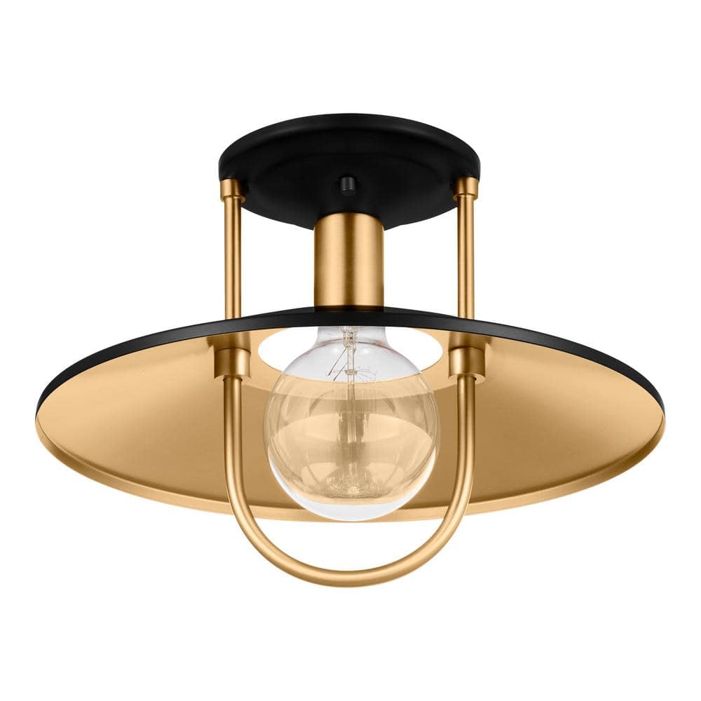 Weston Cove 13 in. 1-Light Matte Black and Gold Round Caged Semi-Flush Moun