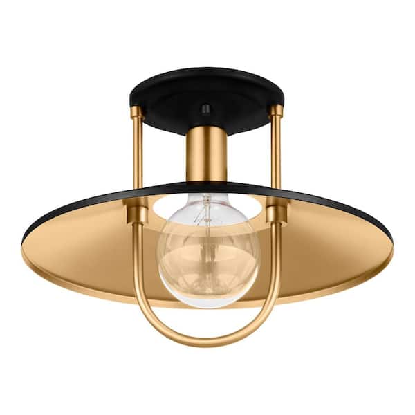 Home Decorators Collection Weston Cove 13 in. 1-Light Matte Black and Gold Round Caged Semi-Flush Mount, Modern Ceiling Light