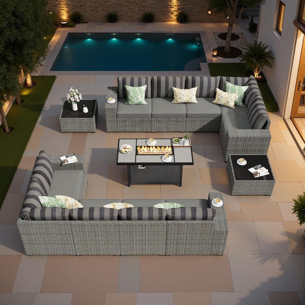 Aestheticism 13-Pieces Wicker Outdoor Patio Rectangular Iron Fire Pit Set with Dark Gray Stripe Cushions
