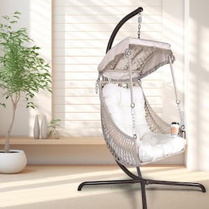 1-Person Wicker Patio Swing with Sunshade Cloth, Indoor Outdoor Egg Chair with Stand, Hammock Chair, Beige Cushions