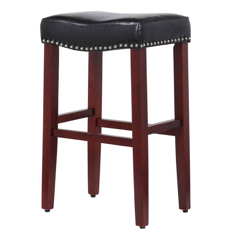 29" Cherry and Black Leather Saddle Bar Stool