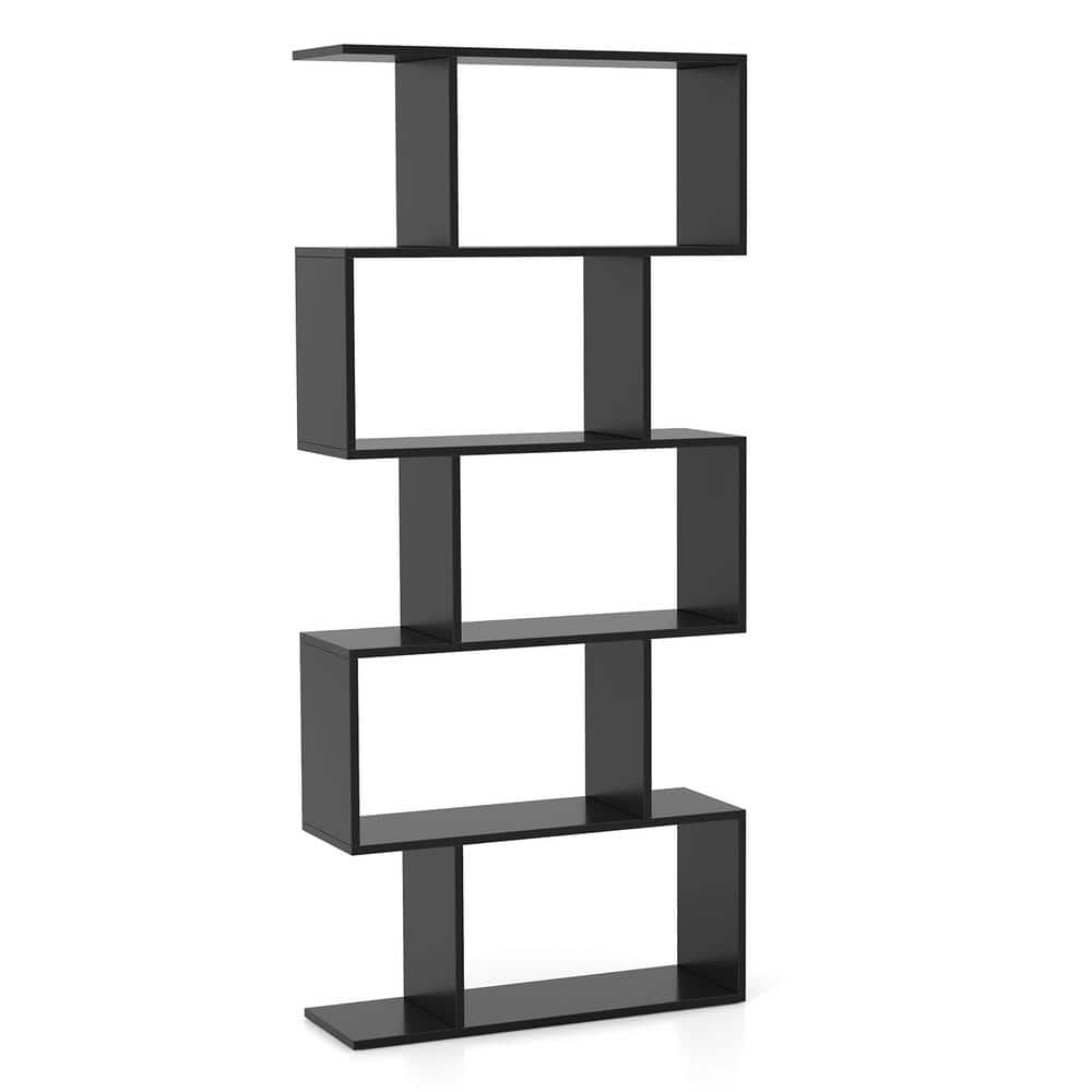 Costway 62.5 in. Tall Black Wood 5Tier Bookshelf Geometric SShaped