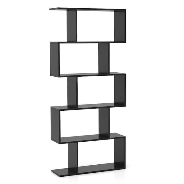 Costway 62.5 in. Tall Black Wood 5-Tier Bookshelf Geometric S-Shaped Bookcase Room Divider Storage Display Shelf