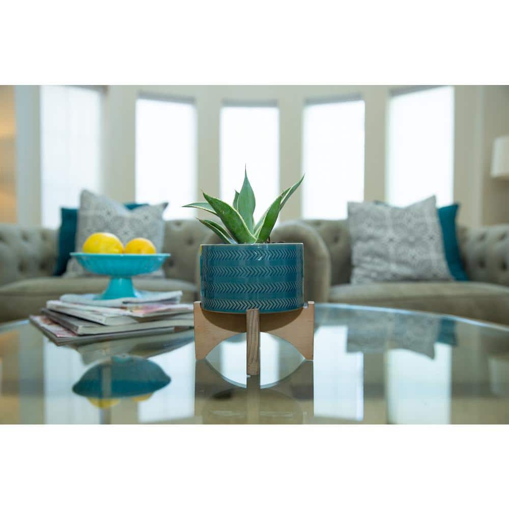 Mayan Teal Glass 6'' Ceramic Planter on Wooden Stand