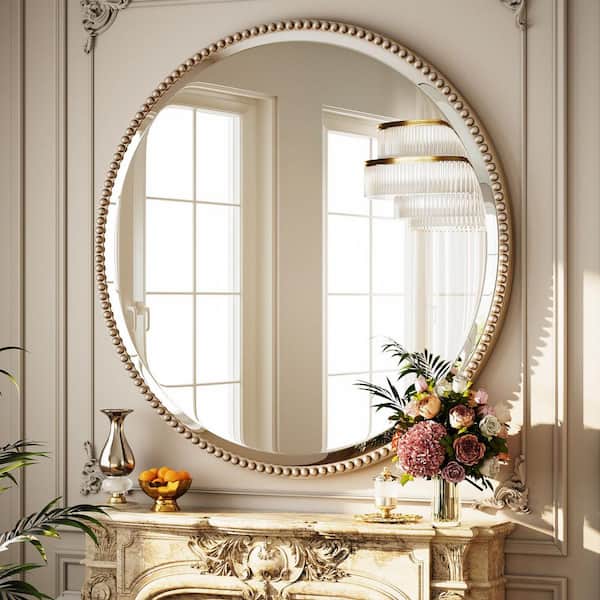 XRAMFY Antique Silver 24 in. W x 24 in. H Round With Decoration Vanity Wall Mirror Polyurethane Framed Mirror