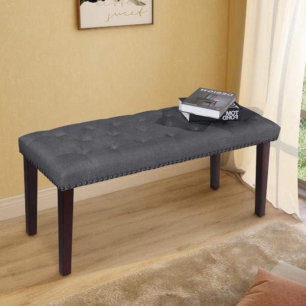 Maypex 38 in. W x 14 in. D x 17.3 in. H Grey Fabric Upholstered Bench with Nailhead Trim and Solid Wood Legs