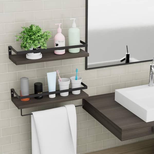Decorative Wall Shelves Set of 2 for Bathroom with Towel Bar - On