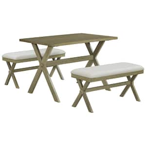 Gray Green 3-Piece Wood Outdoor Dining Set with Gray Cushions