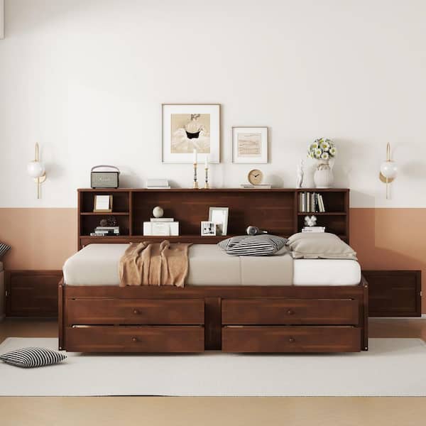 Qualler Antique Brown Full Wooden Captain Daybed with Built-in Storage Shelves, 4-Drawers and 2-Cabinets