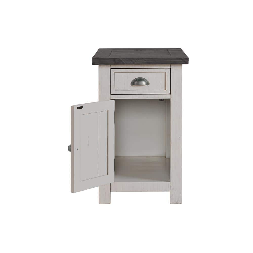 Coastal Farmhouse White and Grey Pine Chairside Table with Power