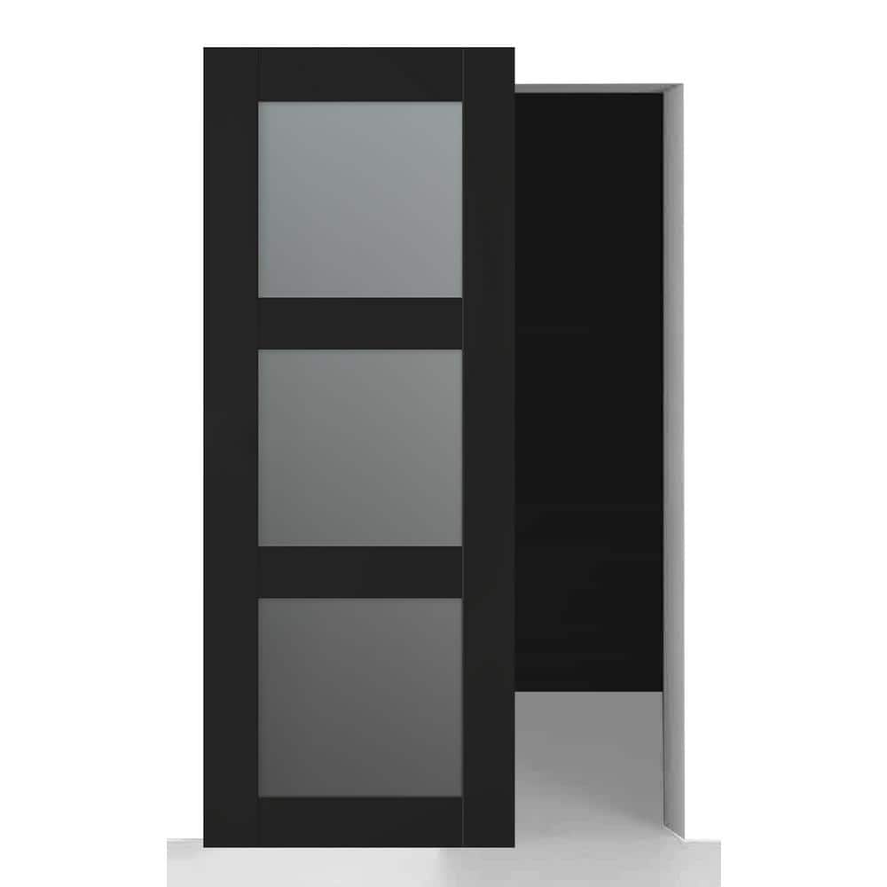 Vona 3-Lite 28 in. x 80 in. Frosted Glass Black Matte Wood w/BaseBoard Hidden Sliding Barn Door with Hardware Kit price history on PriceWatchPro