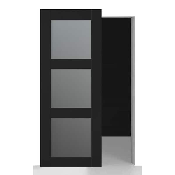 Belldinni Vona 3Lite 32 in. x 80 in. Frosted Glass Black Matte Wood w/o BaseBoard Hidden Sliding Barn Door with Hardware Kit