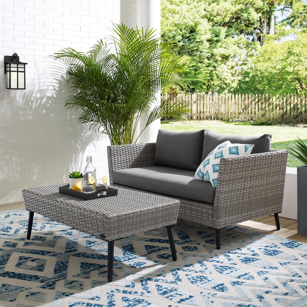 Gray Wicker 2-Piece Outdoor Loveseat and Coffee Table Set