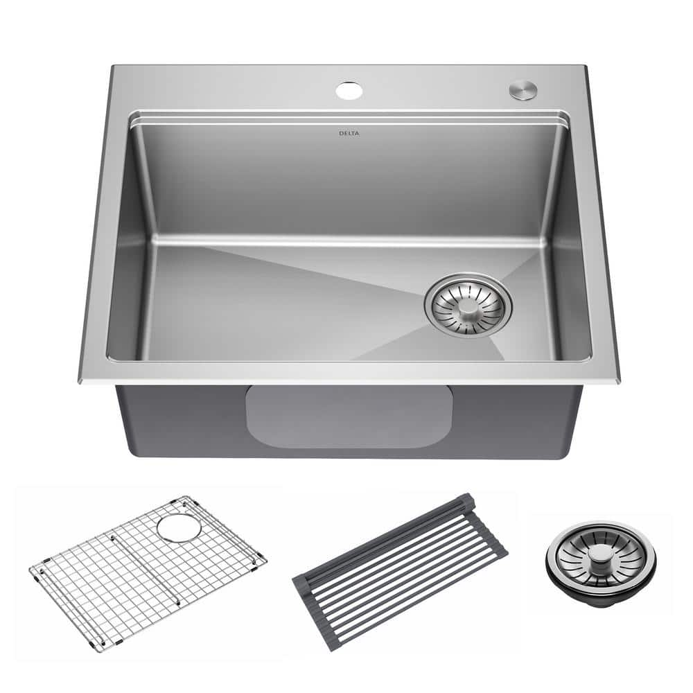 Emery Stainless Steel 25 in. Single Bowl Undermount/Drop-In Workstation Kitchen Sink with Accessories -  Delta, 195205994121