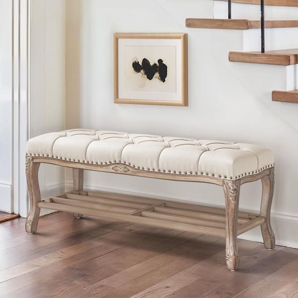 45.3 in. Julio Off-White Linen Upholstered Wood Frame Button-Tufted Storage Bench with Shoe Rack and Distressed Legs