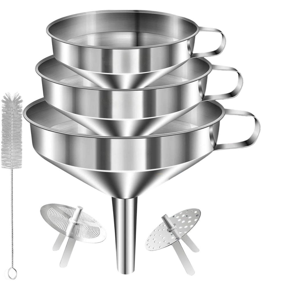 3 Pack Stainless Steel Funnel,  Kitchen Funnel, 2 Removable Strainer, 1 Cleaning Brush, Liquid Transfer, Oils, Jam