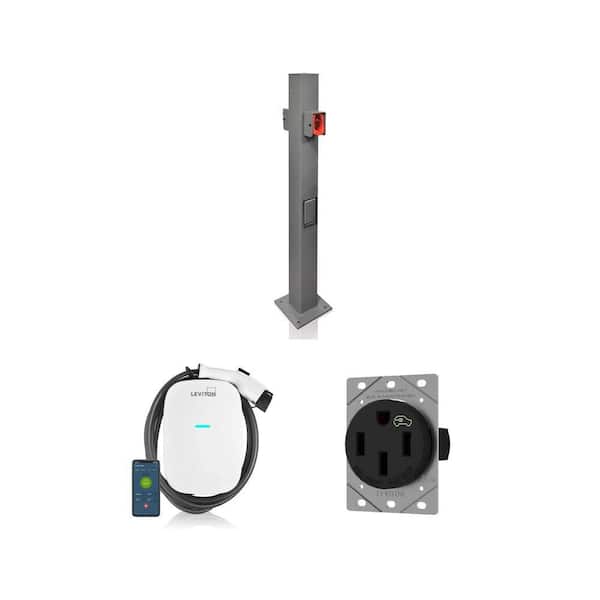 EV Charger Station Combo: EV32W (32A, 7.6 kW, 18 ft. Cable), EV Charging Receptacle 1450R-B0, and EVPED-2 Pole/Base