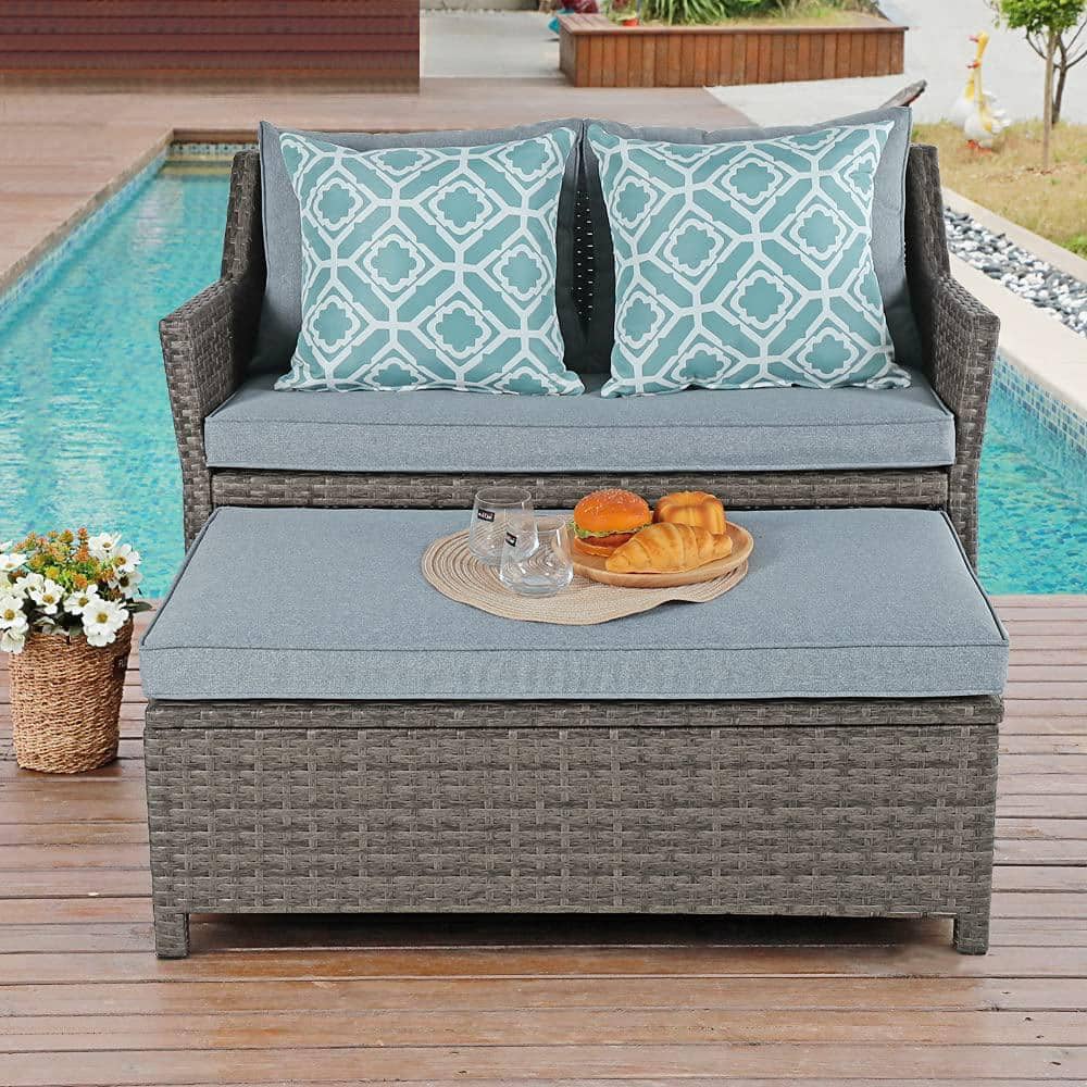 Brown 2-Piece Wicker Patio Conversation Sectional Set with Grey Cushions wi