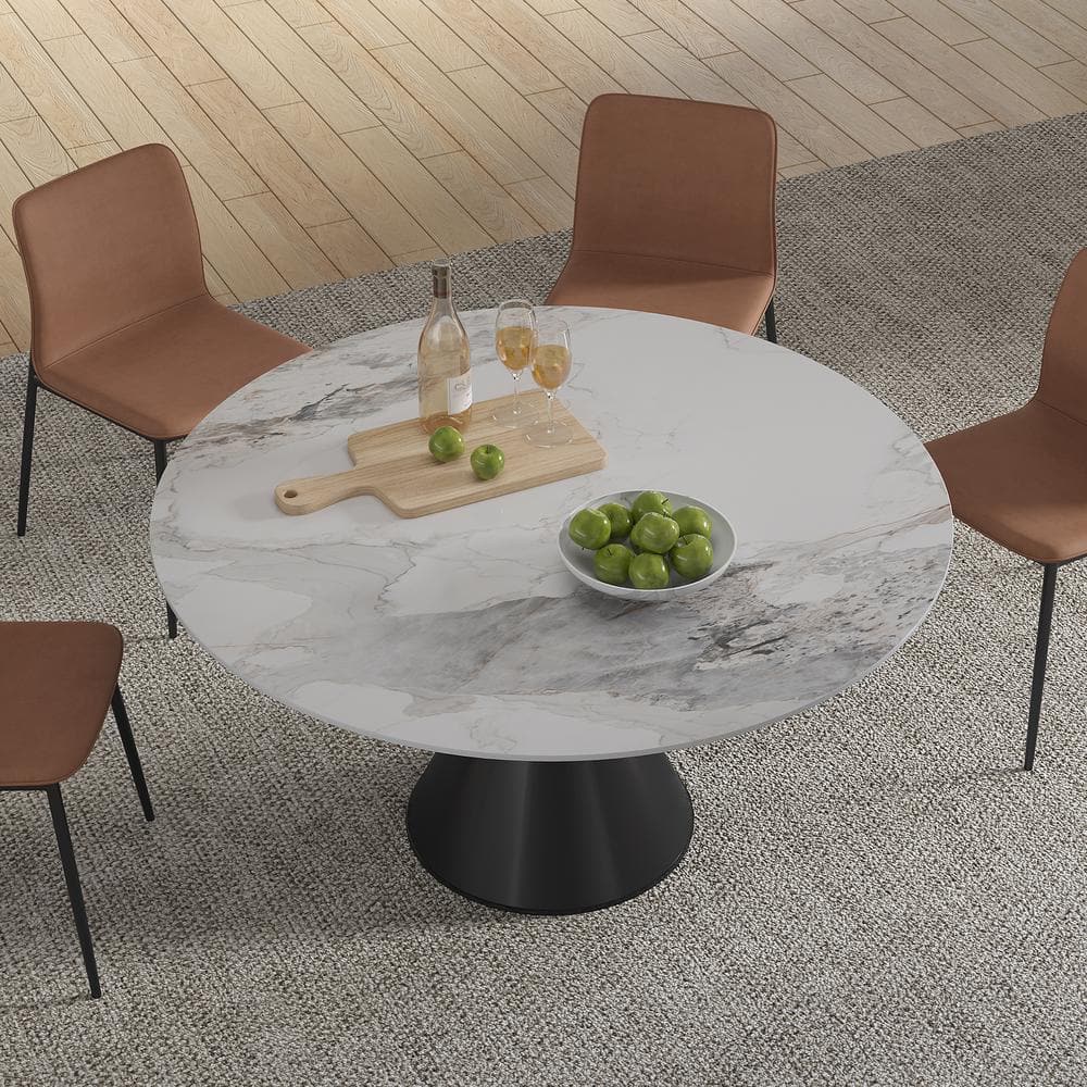 Modern Round White Chanel Rock Stone Tabletop 53.15 in. Black Titanium Stai