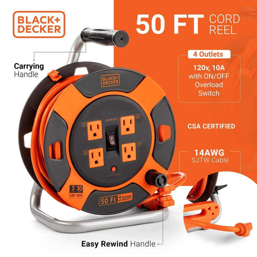 BLACK+ DECKER BDXPA0062 50 Ft. 4 Outlets Retractable Extension Cord ...