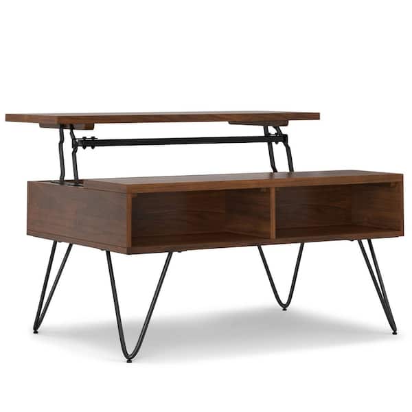 Simpli Home Hunter 36 in. Wide Rectangle Wood Industrial Small Lift Top Coffee Table in Walnut