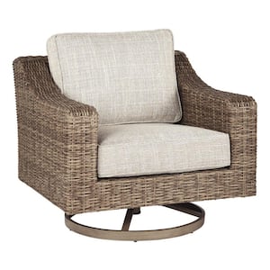 Brown and Beige Fabric Swivel Chair with Cushioned Seat