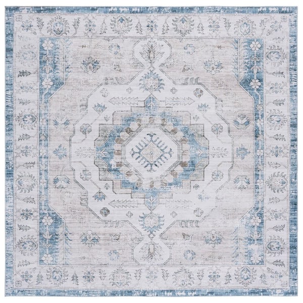 SAFAVIEH Arizona 6 ft. x 6 ft. Gray/Blue Machine Washable Medallion Aztec square Area Rug