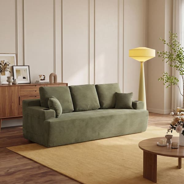 Xaria 87 in. Square Arms Upholstered Corduroy Rectangle Compression Sofa in Green with Cup Holders, Storage Pockets