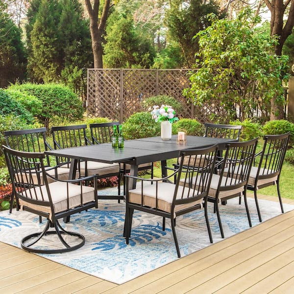 Black 9-Piece Metal Patio Outdoor Dining Set with Extensible Slat Table and Swivel Stylish Chairs with Beige Cushion