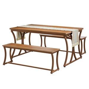 Roesler Brown Wood Rectangle Pedestal Dining Table Set Farmhouse Kitchen Table with 2 Benches & Table Runner for 4-6