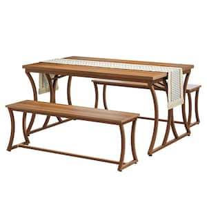 Roesler Brown Wood Rectangle Pedestal Dining Table Set Farmhouse Kitchen Table with 2 Benches & Table Runner for 4-6