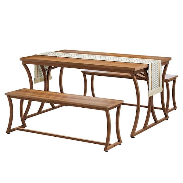 BYBLIGHT Roesler Brown Wood Rectangle Pedestal Dining Table Set Farmhouse Kitchen Table with 2 Benches & Table Runner for 4-6