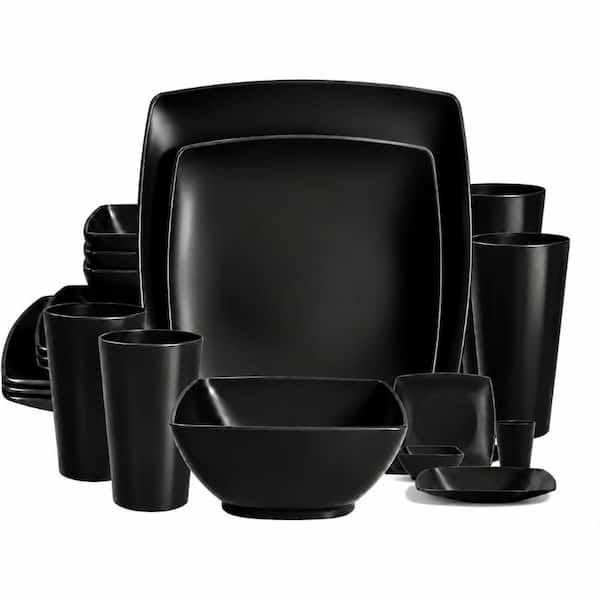 16-Piece Square Wheat Straw Plastic Dinnerware Set in Black with Plates Bowls and Tumblers Service for 4
