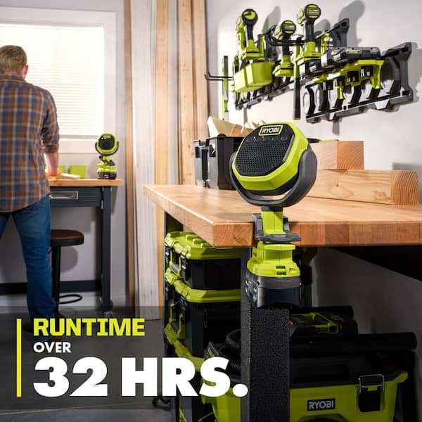 RYOBI ONE+ 18V Lithium-Ion 4.0 Ah Battery, 2.0 Ah Battery, and Charger Kit with ONE+ Cordless VERSE Clamp Speaker