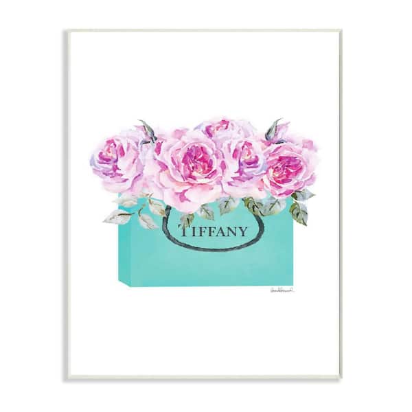 Stupell Industries 10 in. x 15 in. "High End Teal Shopping Bag Filled with Pink Roses" by Artist Amanda Greenwood Wood Wall Art