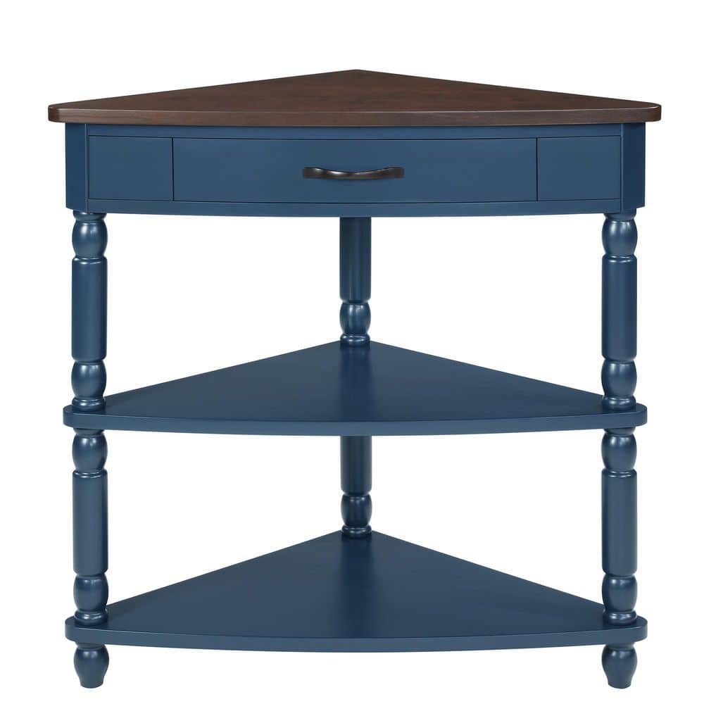 33.8 in. Light Espresso Triangle Wood End Table with 1-Drawer Corner Side Table 3-Tier Corner Table with Solid Wood Legs - thumbnail 3