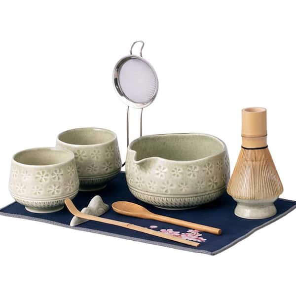 10-Pieces Matcha Whisk Set with Bowl 2 Cups Whisk Holder Bamboo Scoop Spoon Sifter Rest Tea Towel Kit