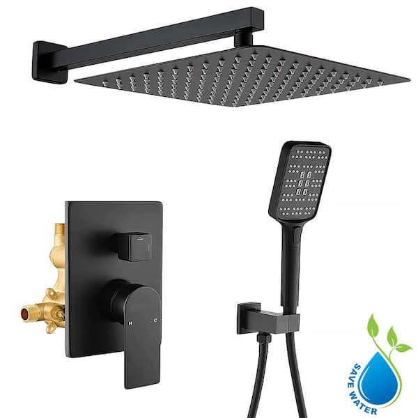 WATWAT Semi Single-Handle 3-Spray Square High Pressure Shower Faucet and Hand Shower in Spot Resistant Black (Valve Included)