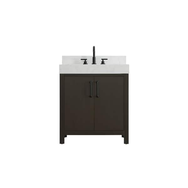 30 in. Single Sink Mocha Brown Bath Vanity with White Engineered Marble Top and Backsplash