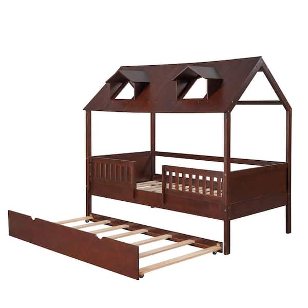 JASMODER 42.9 in. W Brown Twin Frame Canopy Bed House Bed with Trundle