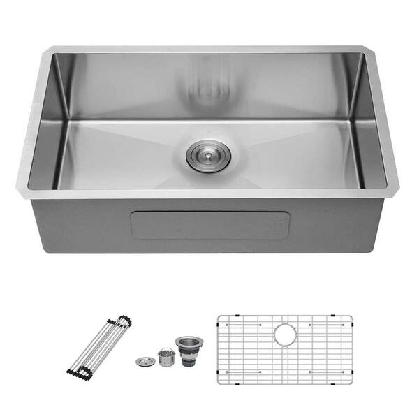 32 in. Drop-In Single Bowl 16 Gauge Brushed Nickel Stainless Steel Kitchen Sink and Basin Rack