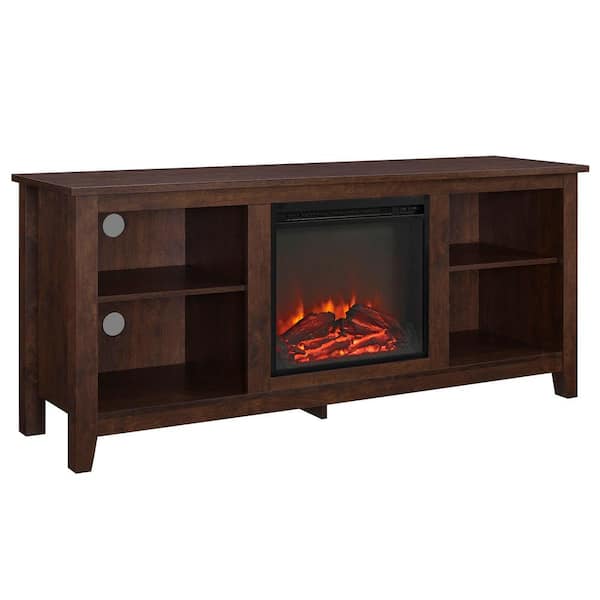 Walker Edison Furniture Company Essential 58 in. Brown TV Stand fits TV up to 60 in. with Adjustable Shelves Electric Fireplace