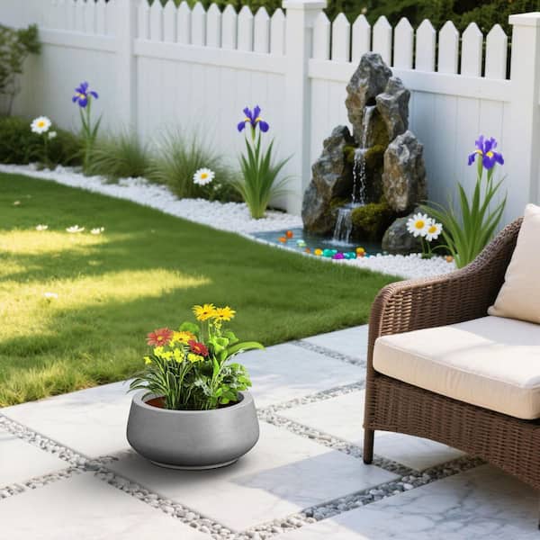 17 in. Dia Round Curvy Concrete Planter, Large Bowl Plant Pots with Drainage Hole, Concrete Gray(Enhanced Interior)