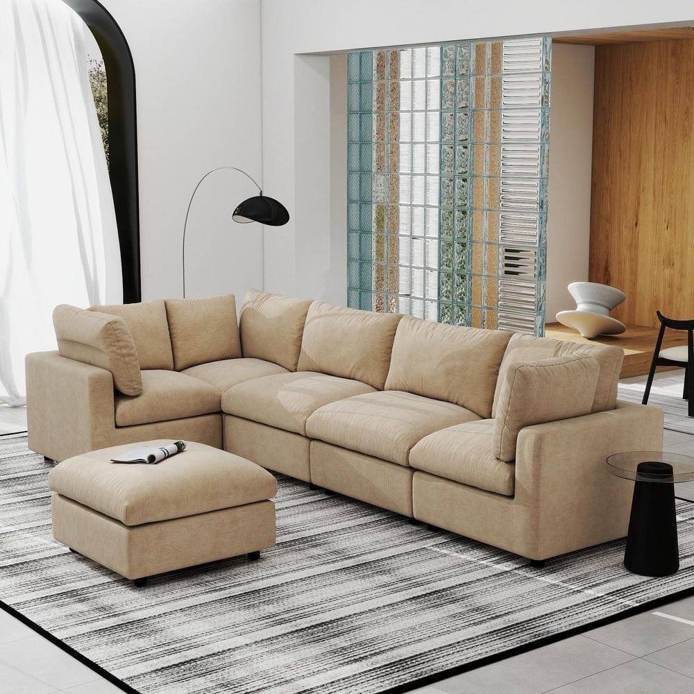 134 in. Square Arm Chenille Modular Free Combination Sofa with Ottoman For Living Room Apartment Couch in Brown price history on PriceWatchPro