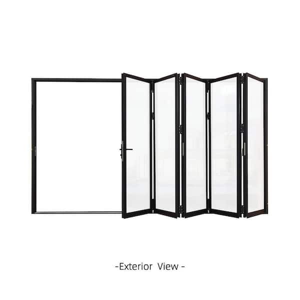 144 in. x 80 in. Black Left handle/Outswing Aluminum Folding Patio Door with Double-Pane Tempered Glass and Lock Set