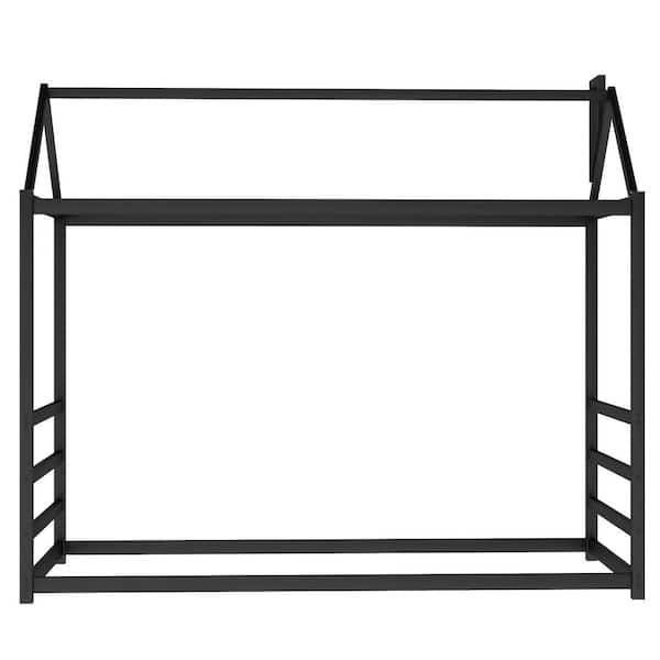 STICKON Black Metal Frame Twin Size House Platform Bed with Roof and Chimney Design